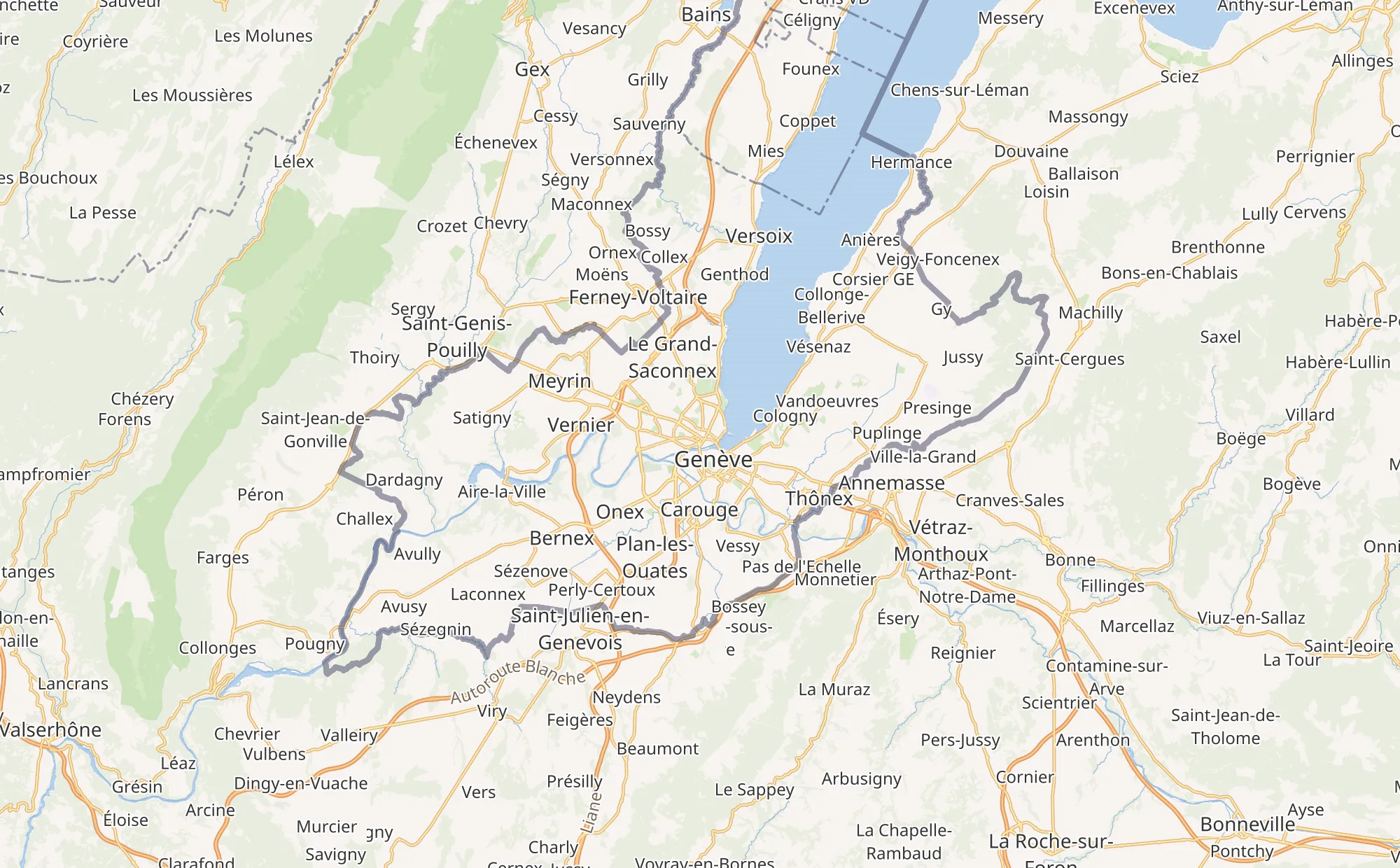 Map of the canton of Geneva — the area covered by Renovhome SA, from the left bank to the right bank and out to the outlying municipalities.