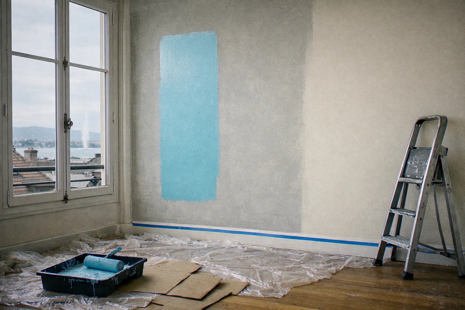 Geneva apartment room in preparation: colour tests applied with a roller on the patched and sanded wall, dust sheet on the floor, paint tray, late-afternoon light and Geneva rooftops through the window