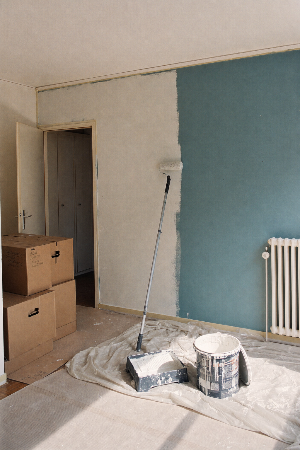 Teal wall half repainted in white in a Geneva living room, roller on an extension pole and moving boxes — restoration before the move-out inventory