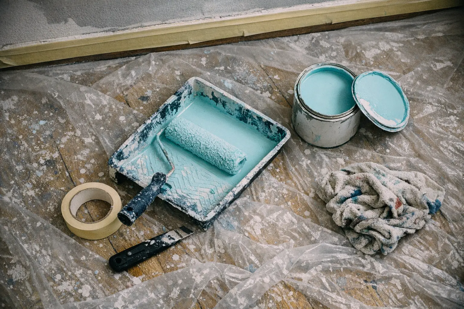 Break on a painting job: tray and roller loaded with cyan paint resting on a plastic dust sheet speckled with dried drops, open paint tin, masking tape and rag, protected skirting board at the top of the frame