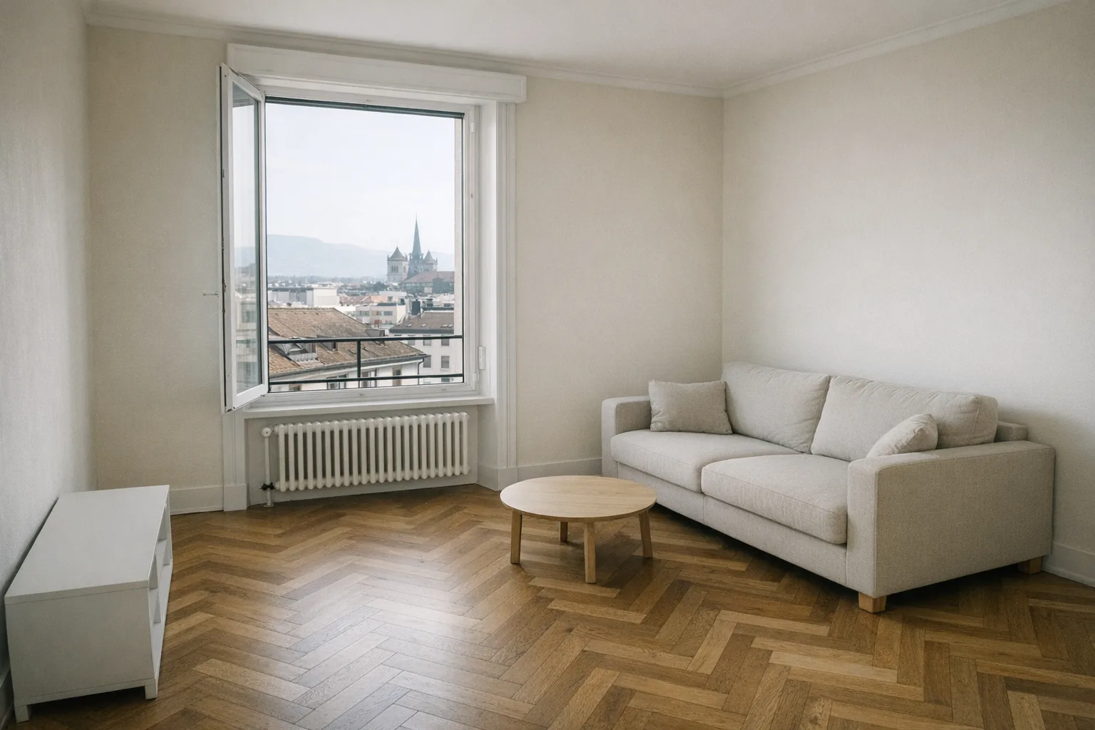 Séjour vide d'appartement après remise en état complète, murs blanc cassé