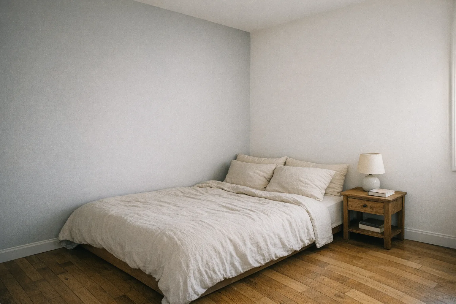 Chambre rafraîchie aux murs gris perle doux et parquet bois ancien
