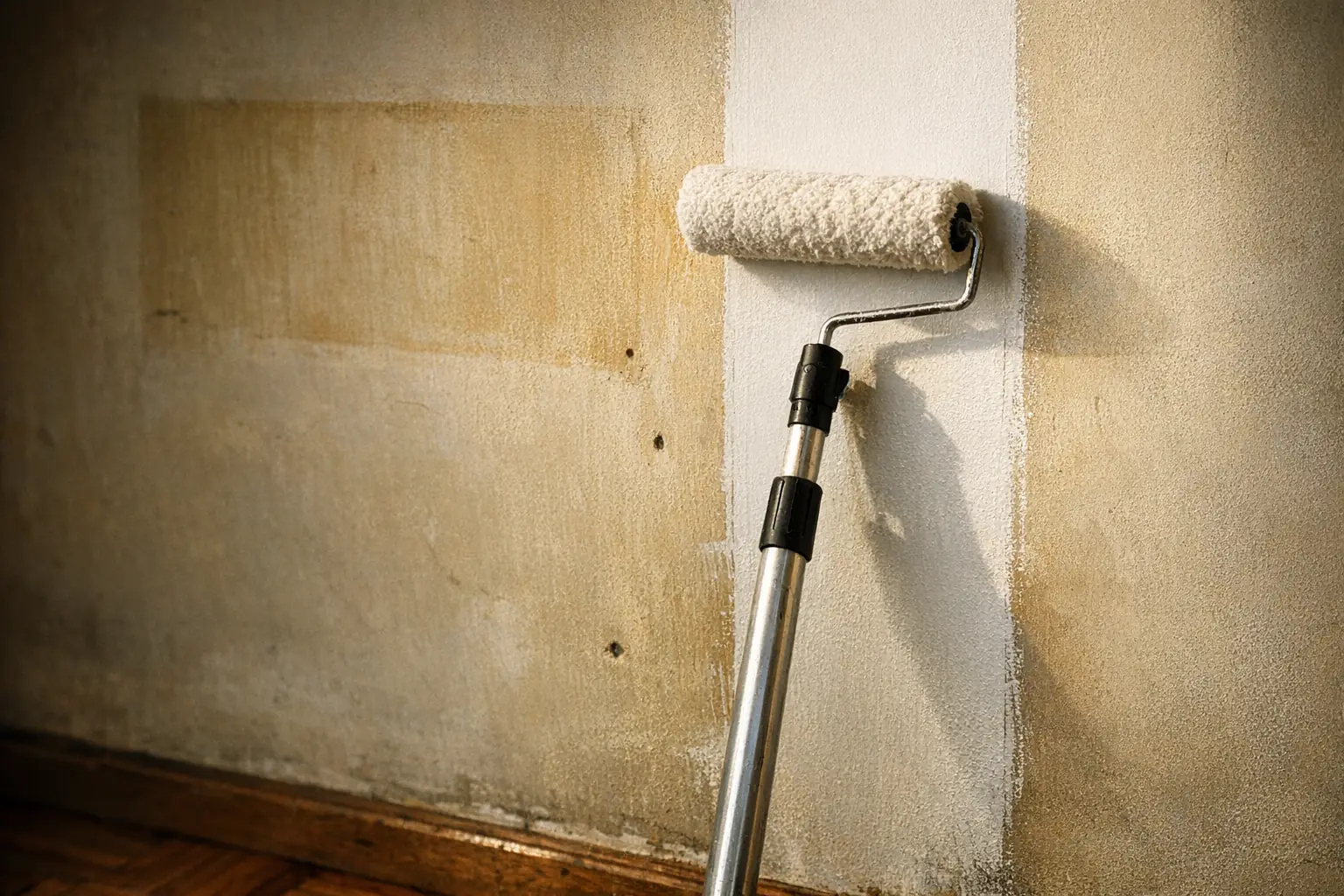 Close-up: a roller lays a band of fresh white paint over a yellowed apartment wall marked by an old cabinet, at the end of a lease in Geneva.