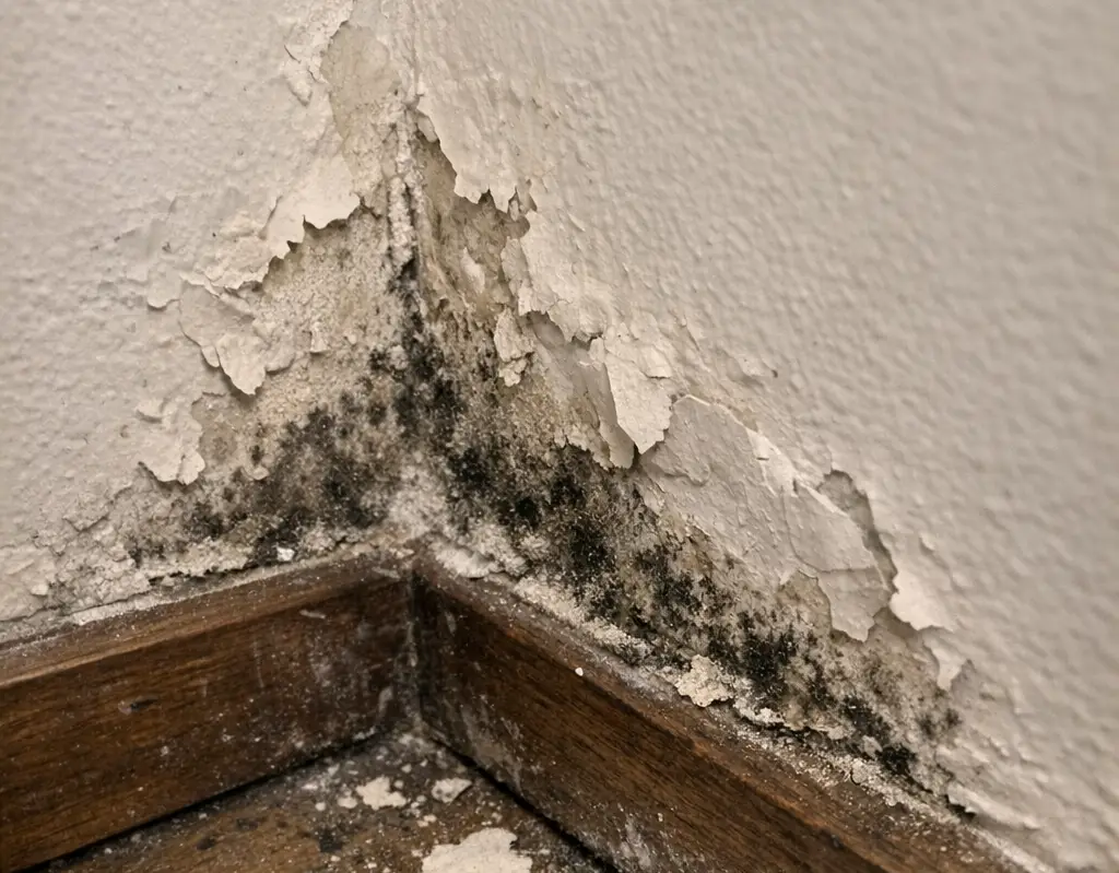 Lower corner of a Geneva apartment wall marked with black mould and blistering paint near the skirting board, in natural light.